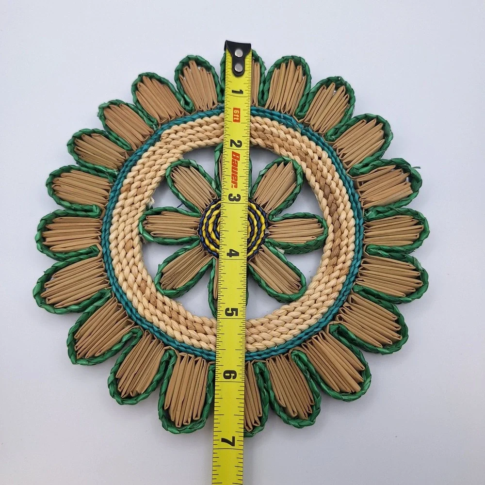Woven Flower Trivet Coasters Set Natural Braided Rattan Green Blue Yellow Floral